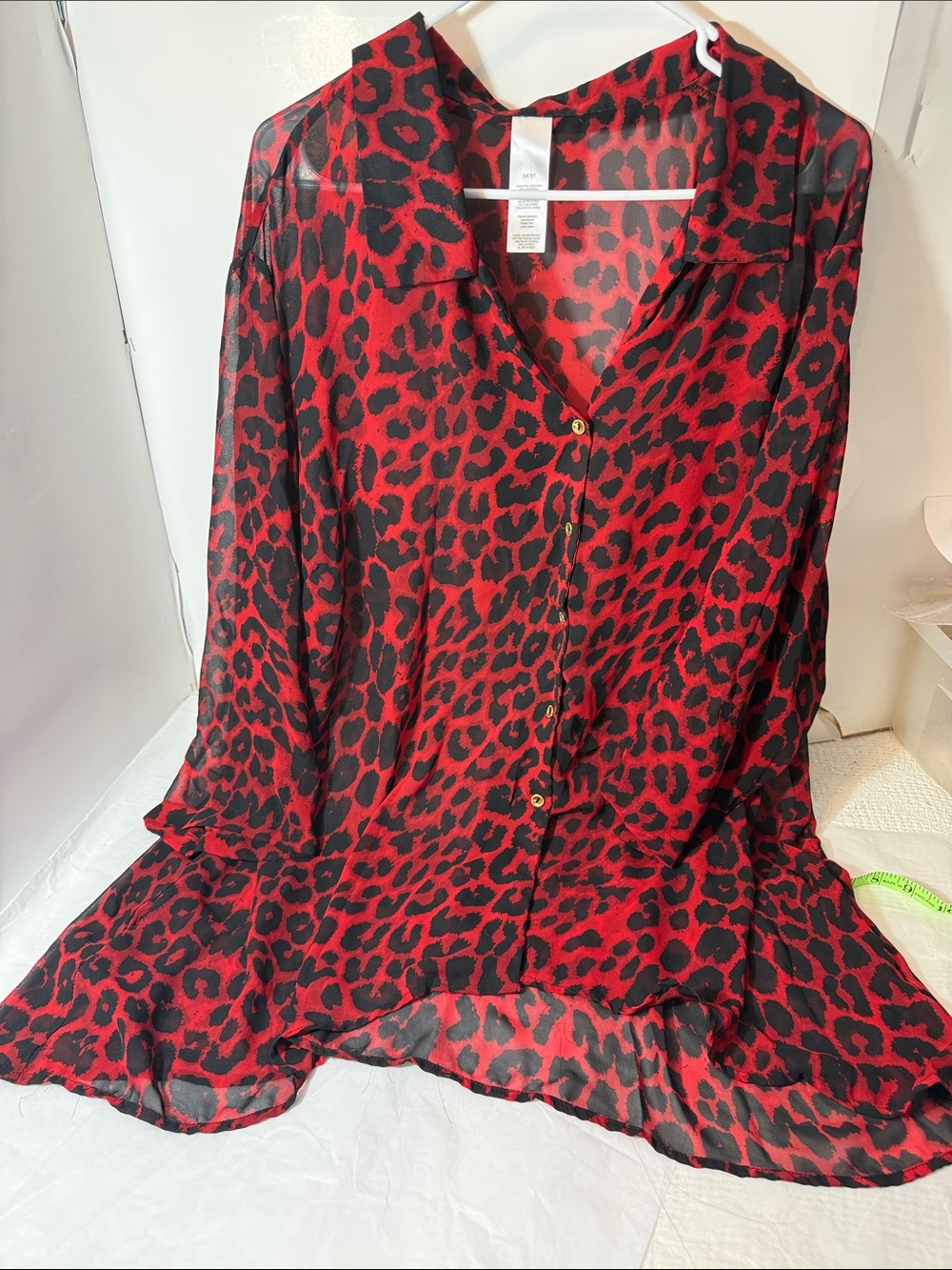 Red Leopard Print Button-Front Women's Blouse sheer with side pockets
